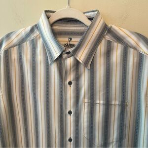 Kuhl Short Sleeve Button Up Western Blue Yellow Stripes Hiking Men's Medium